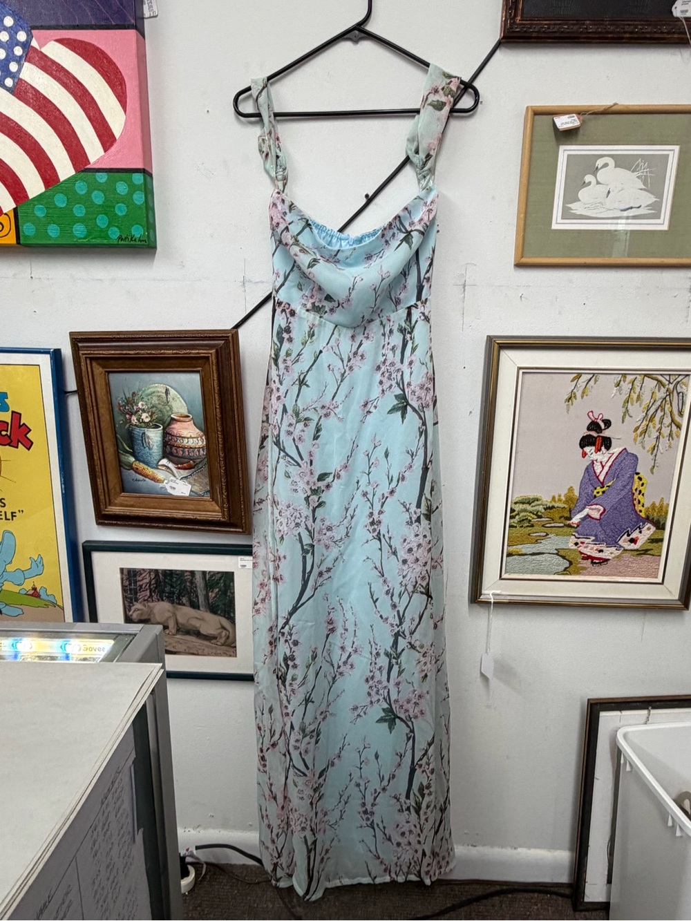 Boohoo Light Blue Floral Cowl Neck Maxi Dress